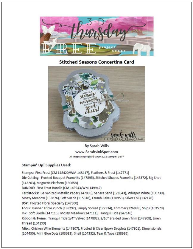 Stampin-Up-2018-Holiday-Catalog-3D-Stitched-Seasons-First-Frost-Bundle-Frosted-Bouquet-Floral-Feathers-Galvanized-Concertina-Card-Album-Project-Sheet-Sarah-Wills-Sarahsinkspot-Stampinup-Cover