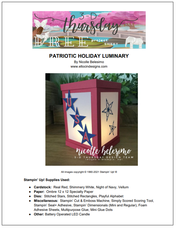 3-D stampin up papercraft patriotic lantern luminary July 4th project sheet 