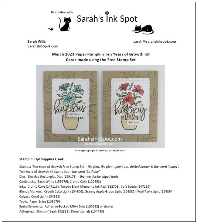 Stampin' Up! Paper Pumpkin Ten Years of Growth Free Stamp Set Birthday Cards Free Project Sheet March 2023