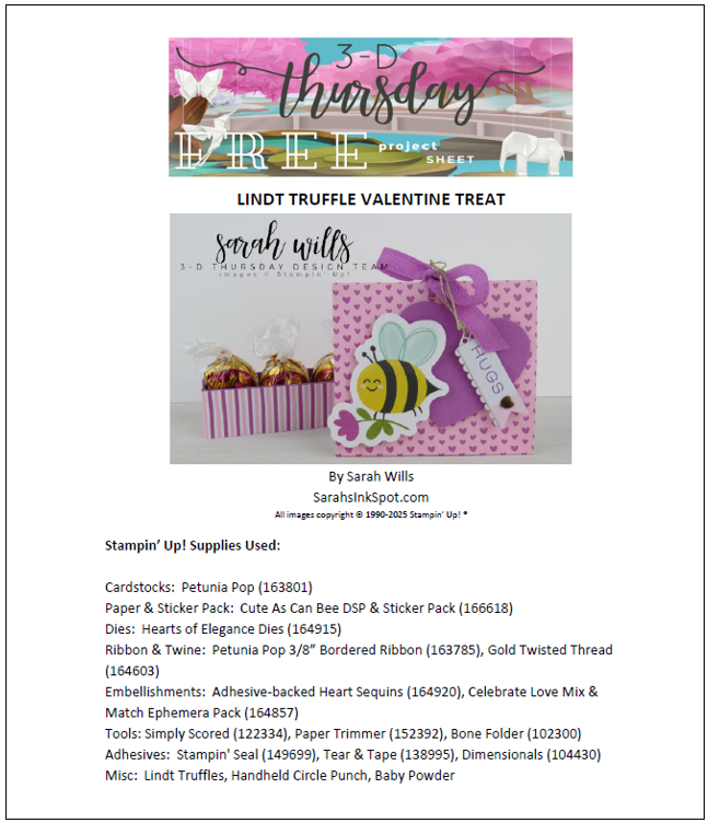 Stampin' Up! 3D Thursday Cute As Can Bee Valentine Lindt Truffle Treat Gift Box Free Project Sheet