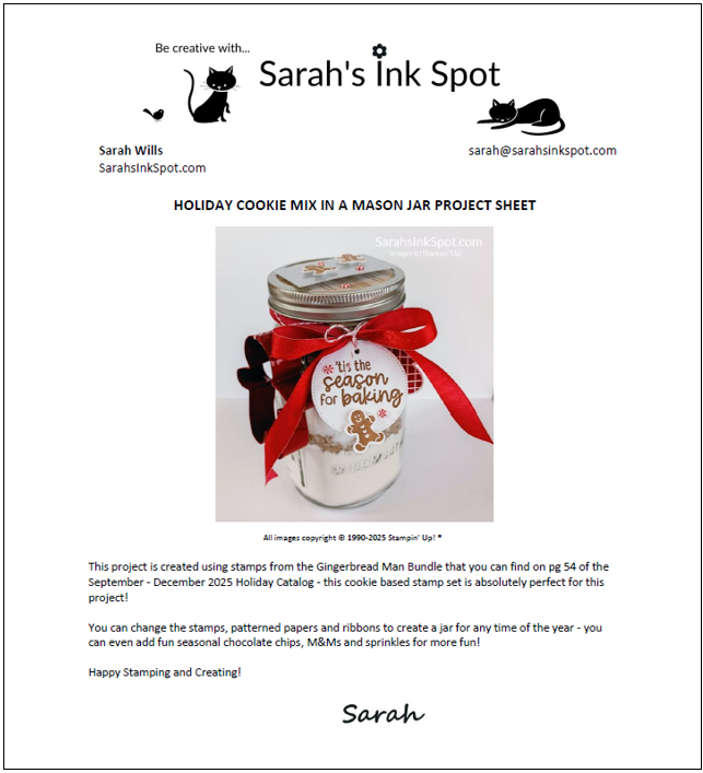 Stampin' Up! 3D Holiday Cookie Mix in a Mason Jar Christmas Gift Friend Neighbor Host Hostess Free Project Sheet Tutorial