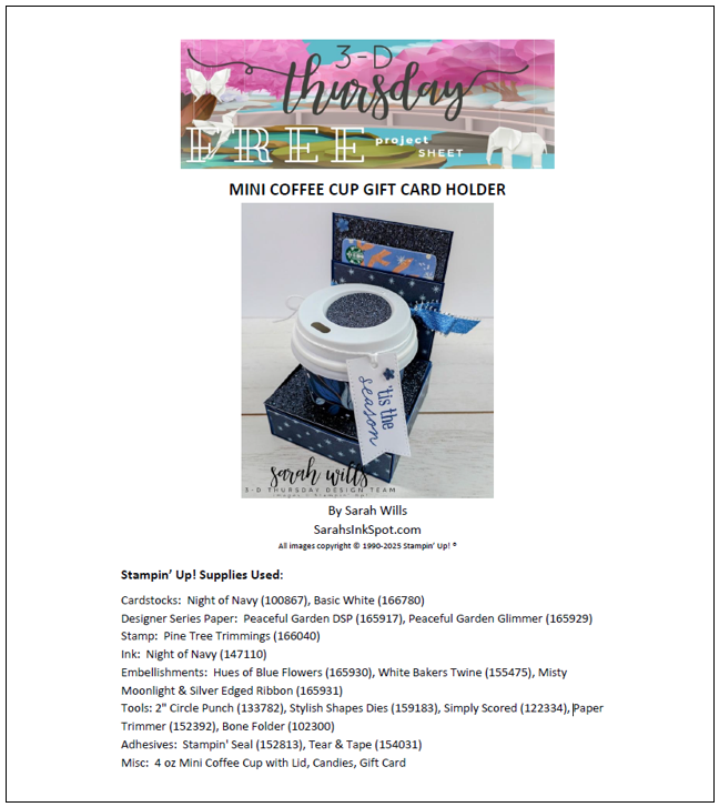 Stampin' Up! 3D Thursday Christmas Holiday Coffee Cup Gift Card Holder with Lindt Truffles Free Tutorial Project Sheet