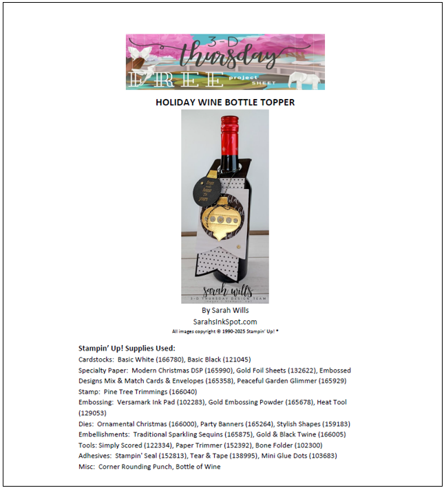 Stampin' Up! 3D Thursday Holiday Wine Bottle Topper Free Tutorial