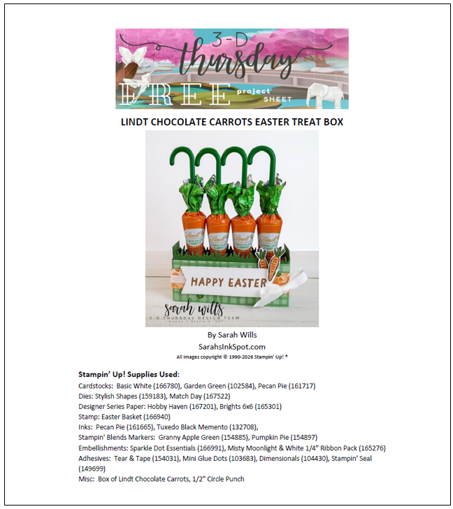 Stampin' Up! 3-D Lindt Chocolate Carrots Easter Basket Treat Box Free Project Sheet
