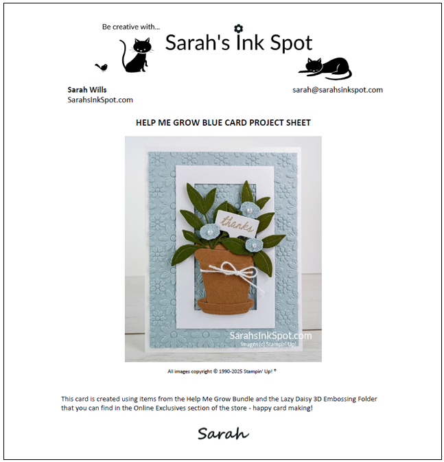 Stampin' Up! Help Me Grow Bundle Lazy Daisy 3D Thank You Card Free Project Sheet