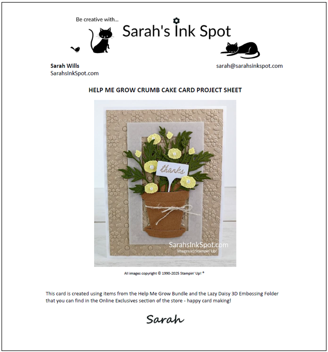 Stampin' Up! Help Me Grow Bundle Lazy Daisy 3D Thank You Card Free Project Sheet