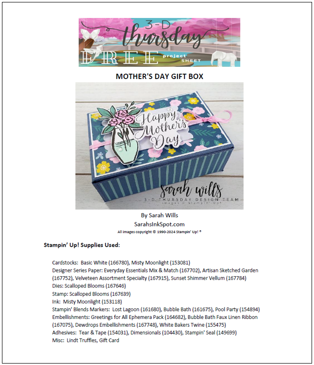 Stampin' Up! 3-D Mother's Day Lindt Chocolate Truffles and Starbucks Gift Card Treat Box Free Project Sheet Tutorial